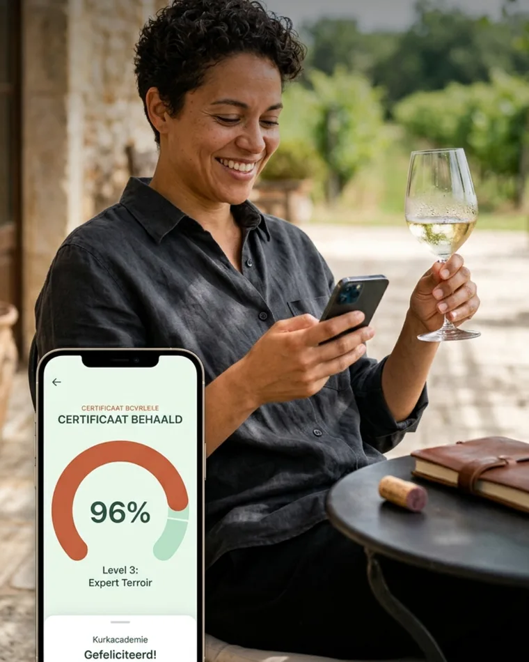 Cursist proost met een glas witte wijn terwijl ze haar behaalde certificaat in de Kurkacademie-app bekijkt